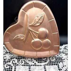 West Bend Copper Mold Heart Shaped with Cherries Design Wall Hanging Vintage